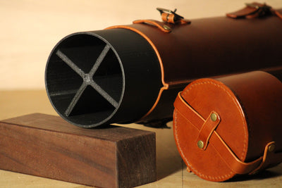3D printed polycarbonate travel rod case  wrapped in Italian Chestnut leather.